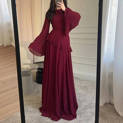 Elegant Ruffled Party Dress Wine Red