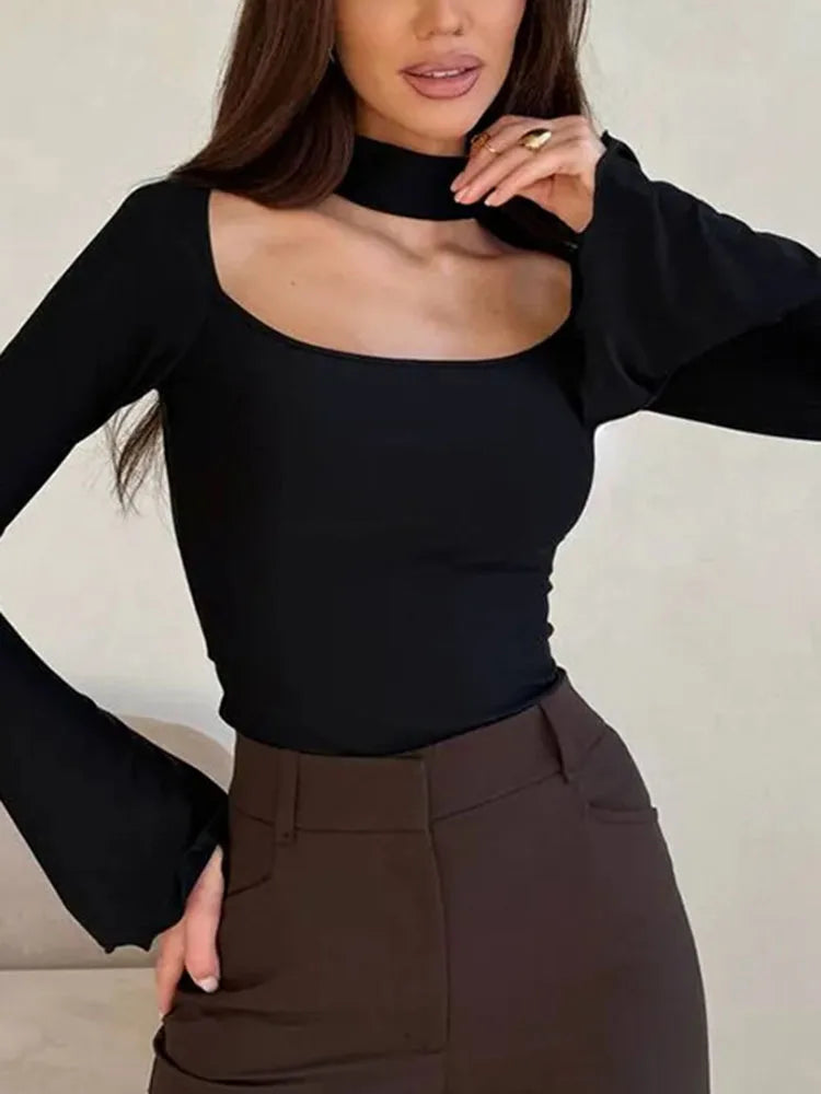 Women'S Fall/Winter New Arrival Solid Color Hanging Neck Square Collar Slim-Fit Elegant Slit Long-Sleeve Causal Top