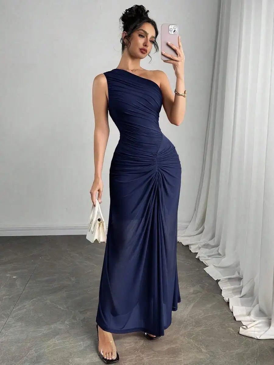 Women's One-Shoulder Ruched Burgundy Maxi Dress for Evening Party Navy Blue United States