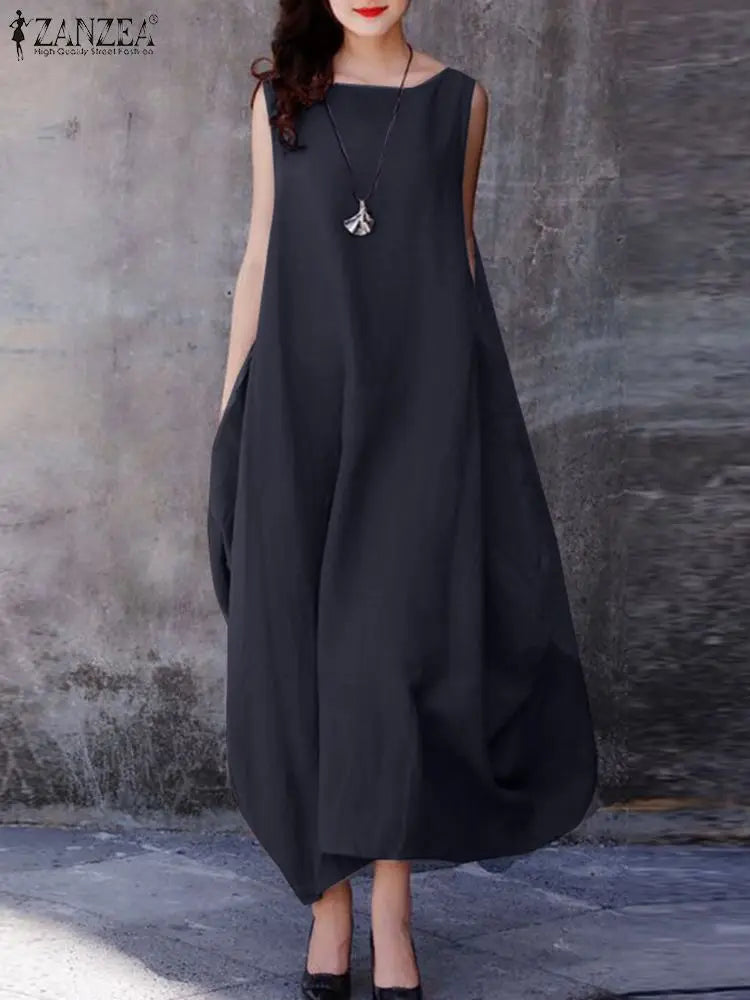 ZANZEA 2024 Fashion Summer Dress Women Holiday Oversized Maxi Dresses Casual Loose Solid Cotton Vestidos Sleeveless O Neck Robe Navy