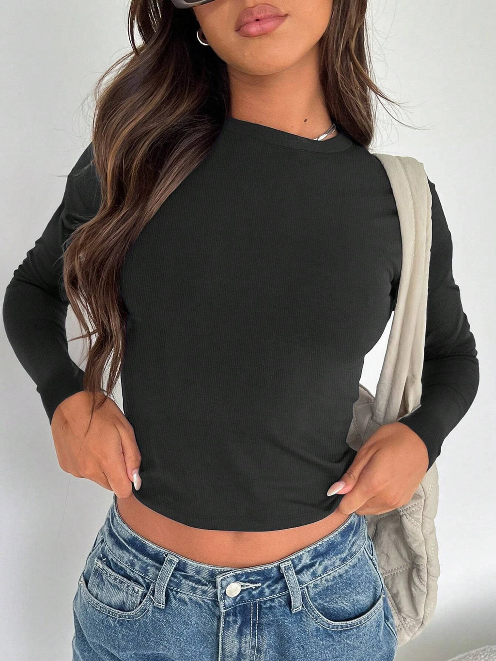 Women's Casual Solid Color Basic Slim Fit Long Sleeve T-Shirt Comfort O-Neck Crop Top Spring/Fall Streetwear black