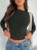 Women's Casual Solid Color Basic Slim Fit Long Sleeve T-Shirt Comfort O-Neck Crop Top Spring/Fall Streetwear black