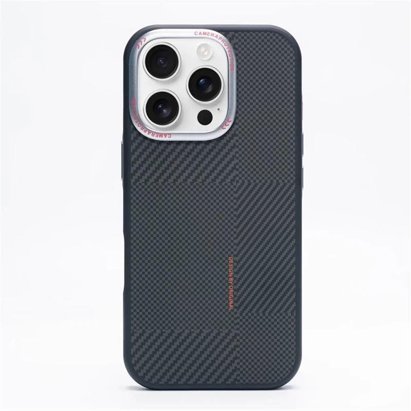 Matte Carbon Fiber Texture MagSafe Phone Case For iPhone 17 16 15 14 Pro Max 17Air Wireless Charging Alloy Lens Shockproof Cover Silver