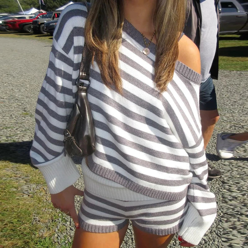 Maemukilabe Women Striped Sweater Set Vintage Off Shoulder  Long Sleeve Pullovers Tops + Shorts 2 Piece Fall Loungwear Set