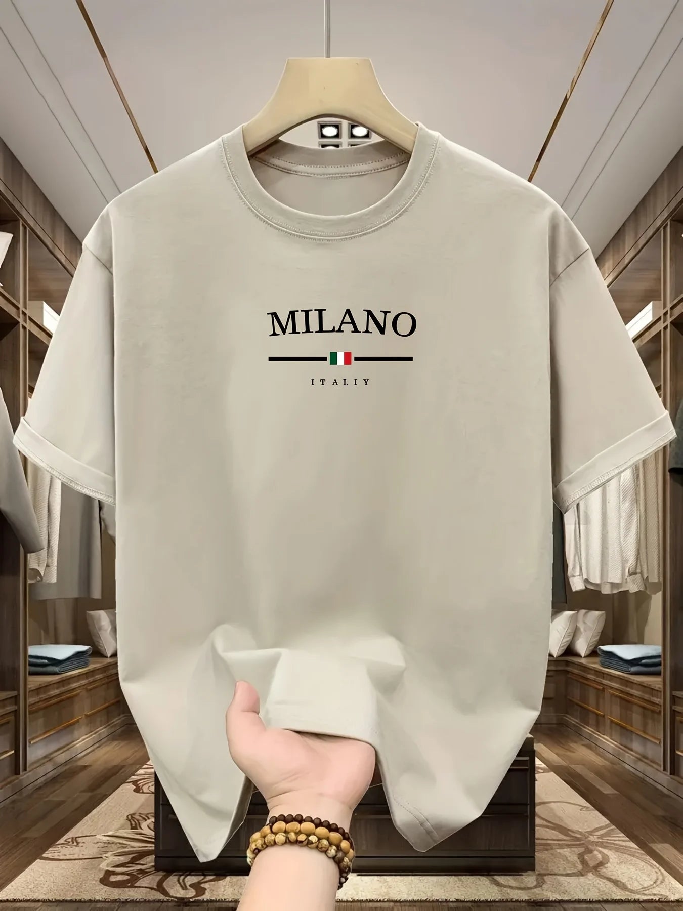 Men's 100% pure cotton fashionable casual loose Italian style Milan letter printed round neck short sleeved T-shirt top