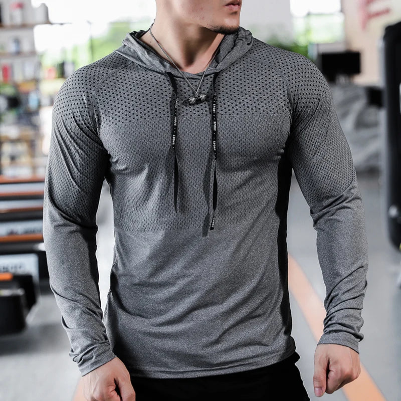 Men's Sport T-shirts Hoodie Fitness Running Shirts Tops Long Sleeve Workout Male Tops Tee Sportwear Training Sweatshirt Men Light Gray