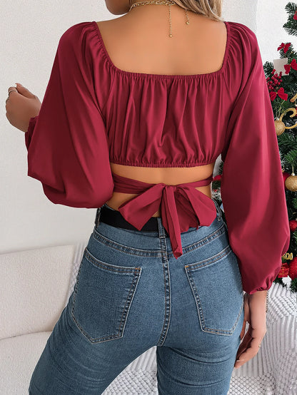 Women's Square Neck Long Sleeve Crop Shirt with Bow Tie Back | Beach Resort Top