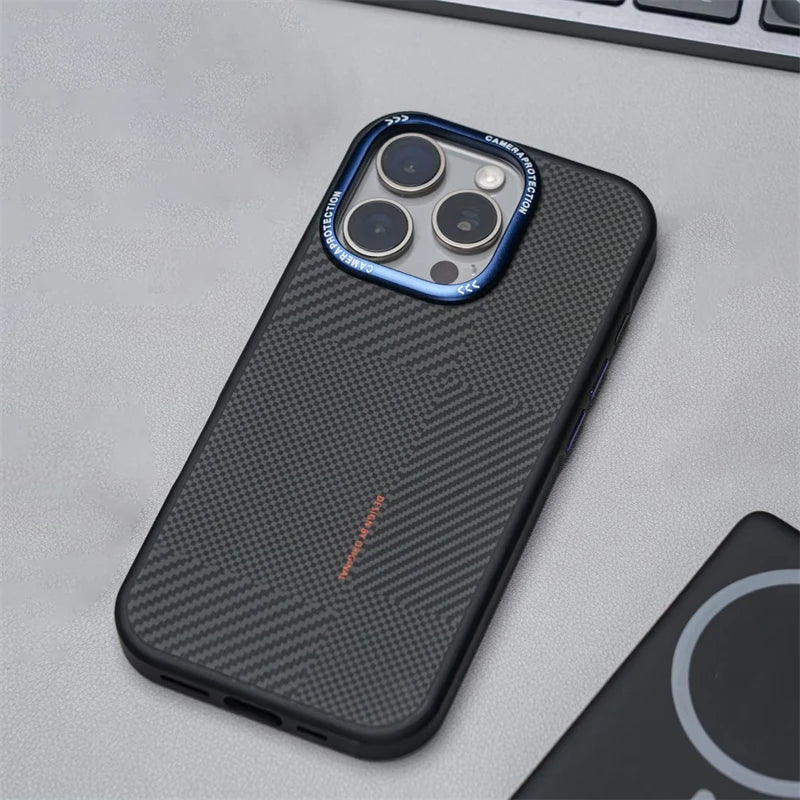 Matte Carbon Fiber Texture MagSafe Phone Case For iPhone 17 16 15 14 Pro Max 17Air Wireless Charging Alloy Lens Shockproof Cover