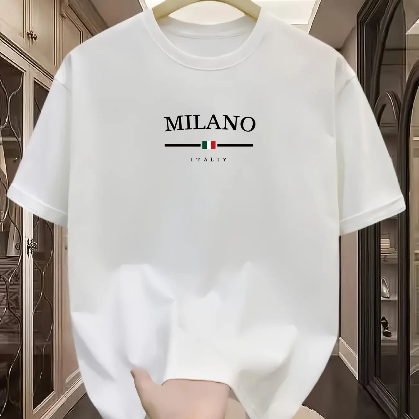 Men's 100% pure cotton fashionable casual loose Italian style Milan letter printed round neck short sleeved T-shirt top A1589-bai