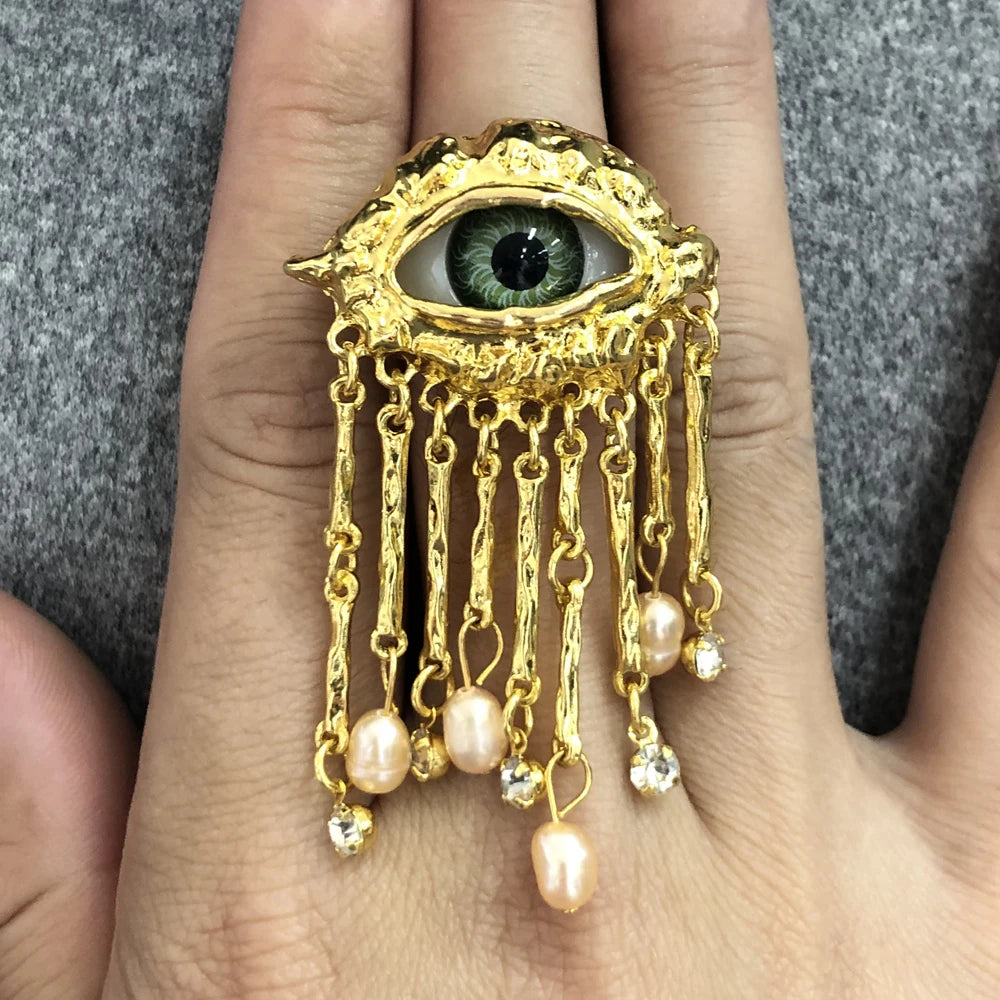 Devil's Eye Tassel Ring — Vintage Pearl Statement Ring for Women
