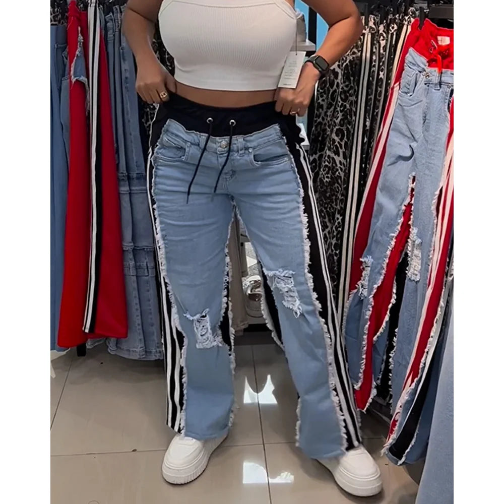High Waist Ripped Jeans Women Colorblock Contrast Distressed Patchwork Pants Streetwear Wide Leg Long Stretch Denim Jeans black