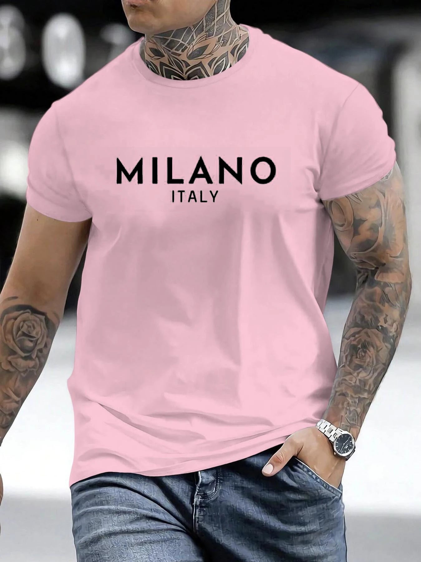 Men's 100% pure cotton fashionable casual loose Italian style Milan letter printed round neck short sleeved T-shirt top A1589-pifen