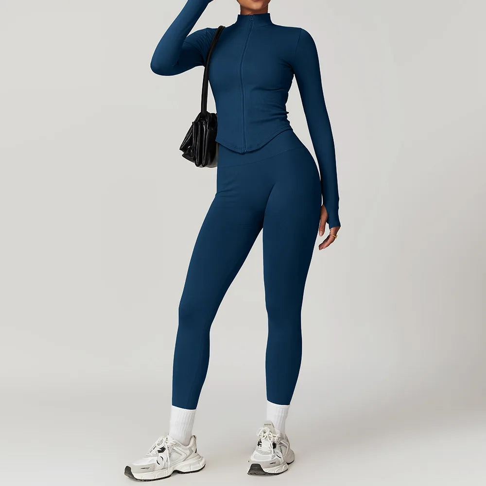 2/3/4PCS Yoga Set Gym Clothes Sportswear Seamless Yoga Suits For Women Fitness Long Sleeved Tracksuits Sports Bra Gym Leggings Blue Set 4 China Mainland