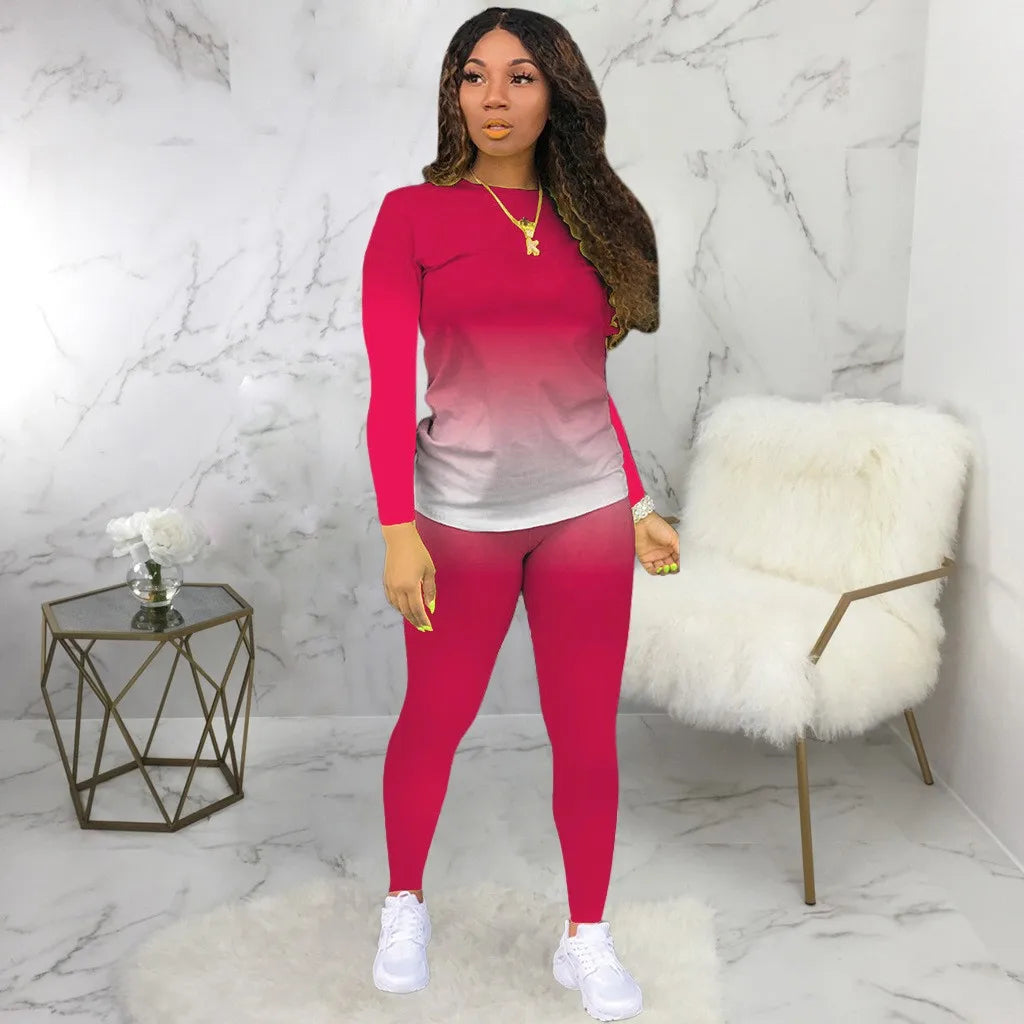 Plus size European and American cross-border spring and autumn new round neck gradient long sleeve trousers casual suit