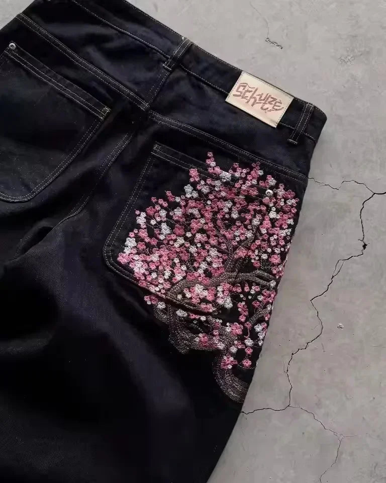 Vintage Low Waist Hip Hop Cherry Blossom Embroidered Jeans  Wide Leg Trousers Y2K Clothes Mens Womes Embroidered Baggy Jeans
