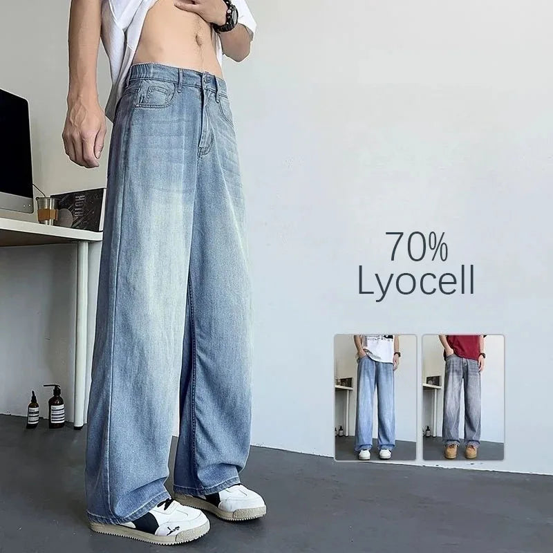 Men's Korean Streetwear Baggy Jeans — Wide Leg, Low Waist, Light Wash