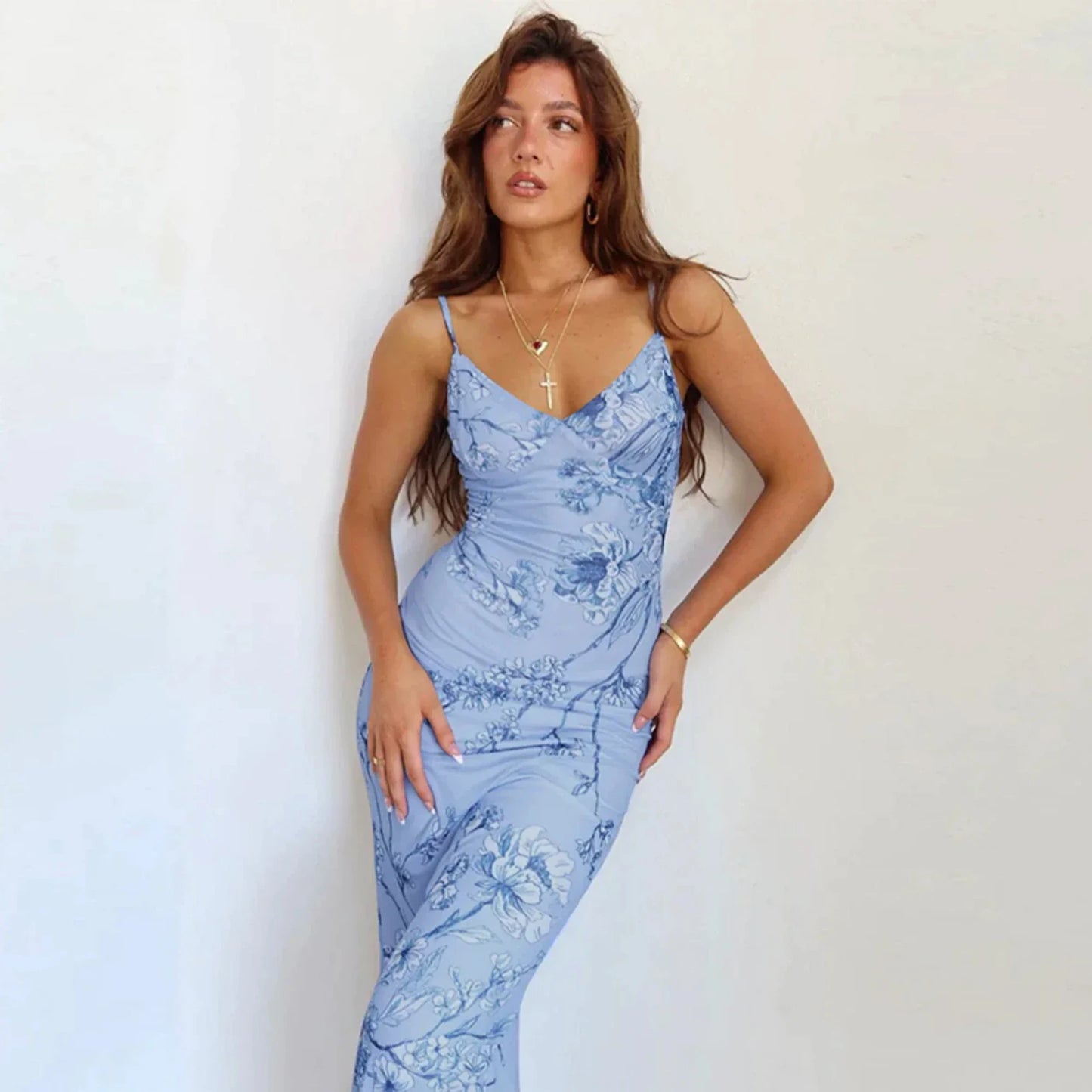 Spring Women's Floral Print Slim Fit Maxi Dress Casual Vacation Style Off-Shoulder Gown European And American Cross-Border