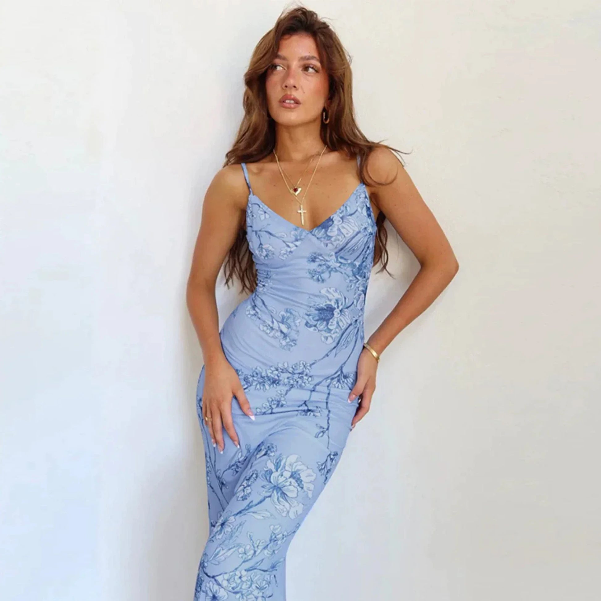 Spring Women's Floral Print Slim Fit Maxi Dress Casual Vacation Style Off-Shoulder Gown European And American Cross-Border