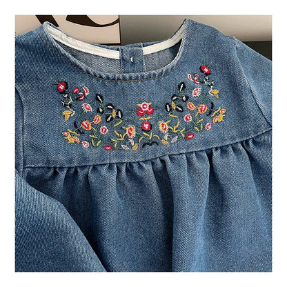 Kids Clothing Spring And Autumnr Round Neck Floral Embroidered Long Sleeve Denim dress Girls Dress Princess Dress