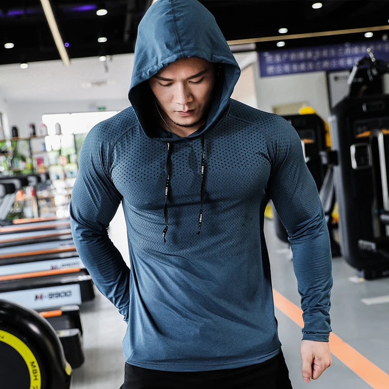 Men's Sport T-shirts Hoodie Fitness Running Shirts Tops Long Sleeve Workout Male Tops Tee Sportwear Training Sweatshirt Men Navy blue