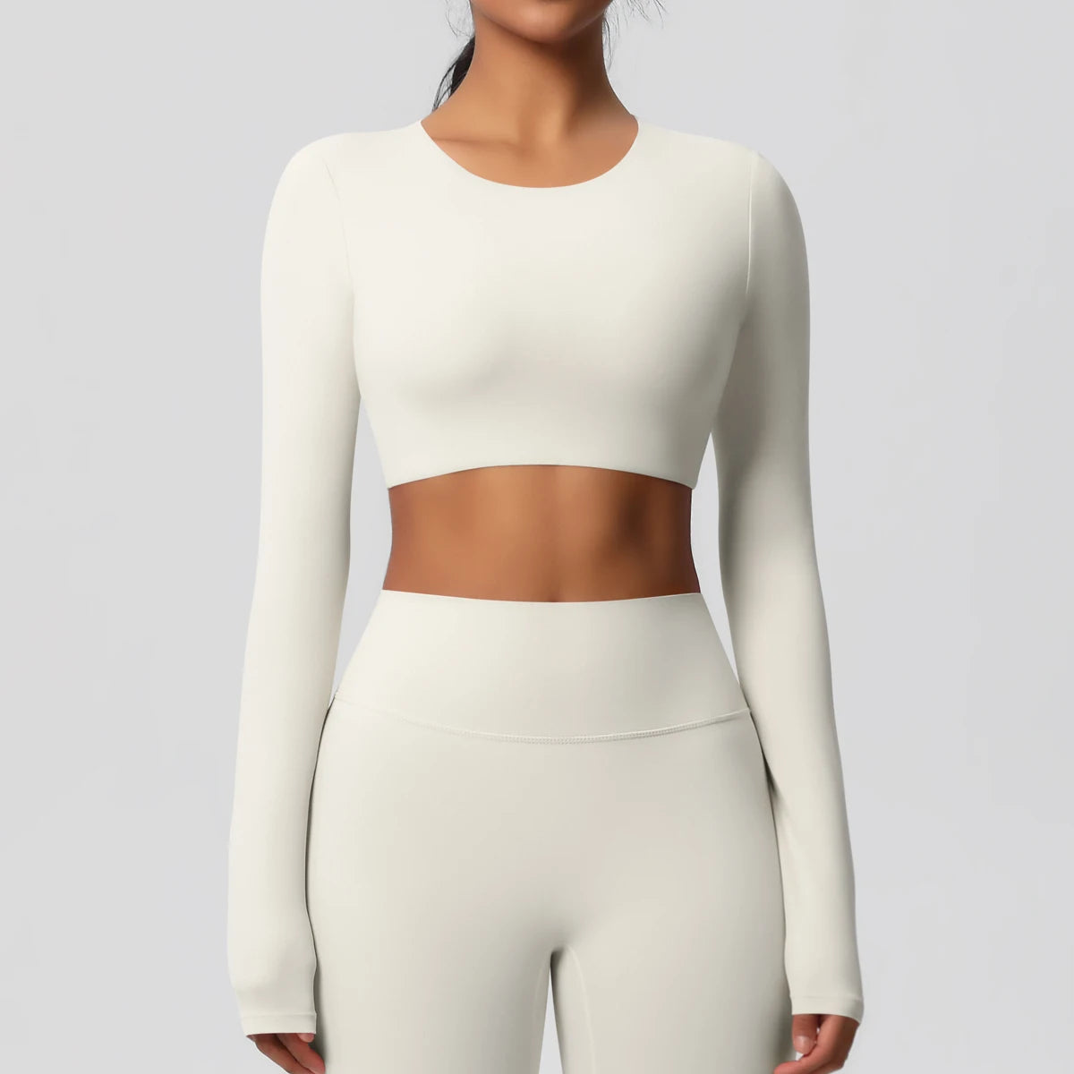 Yoga Shirts For Women Long Sleeve With Padded Fitness Running Gym Clothes Workout Dry Fit Breathable High Elastic Sports Top Light Ivory