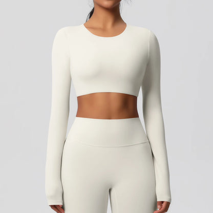 Yoga Shirts For Women Long Sleeve With Padded Fitness Running Gym Clothes Workout Dry Fit Breathable High Elastic Sports Top Light Ivory