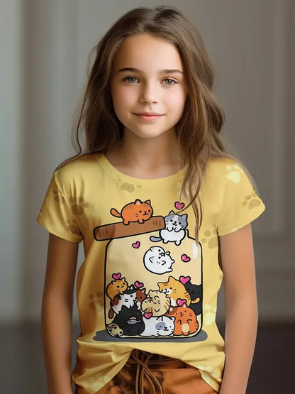 Kids Clothes Children's T-Shirt Girl Short Sleeve Top Cartoon Cat Kawaii Girls Summer Clothes Child T-Shirt Children's Clothing S35TX3374 CHINA