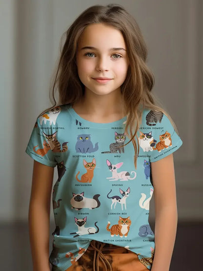 Kids Clothes Children's T-Shirt Girl Short Sleeve Top Cartoon Cat Kawaii Girls Summer Clothes Child T-Shirt Children's Clothing S35TX3375 CHINA