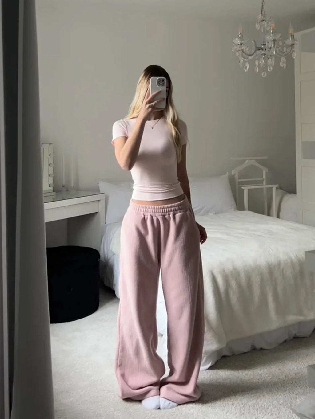 Women's Fall Winter Casual Wide Leg Pants, Comfortable Loose Fit Home Wear, Simple Solid Color Daily Clothing