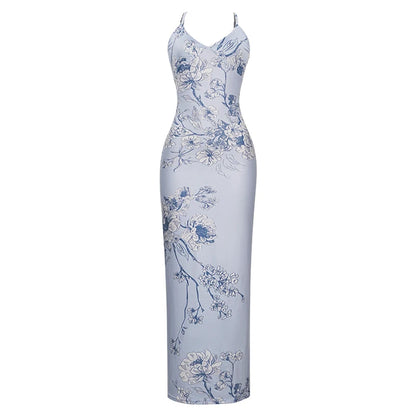 Spring Women's Floral Print Slim Fit Maxi Dress Casual Vacation Style Off-Shoulder Gown European And American Cross-Border