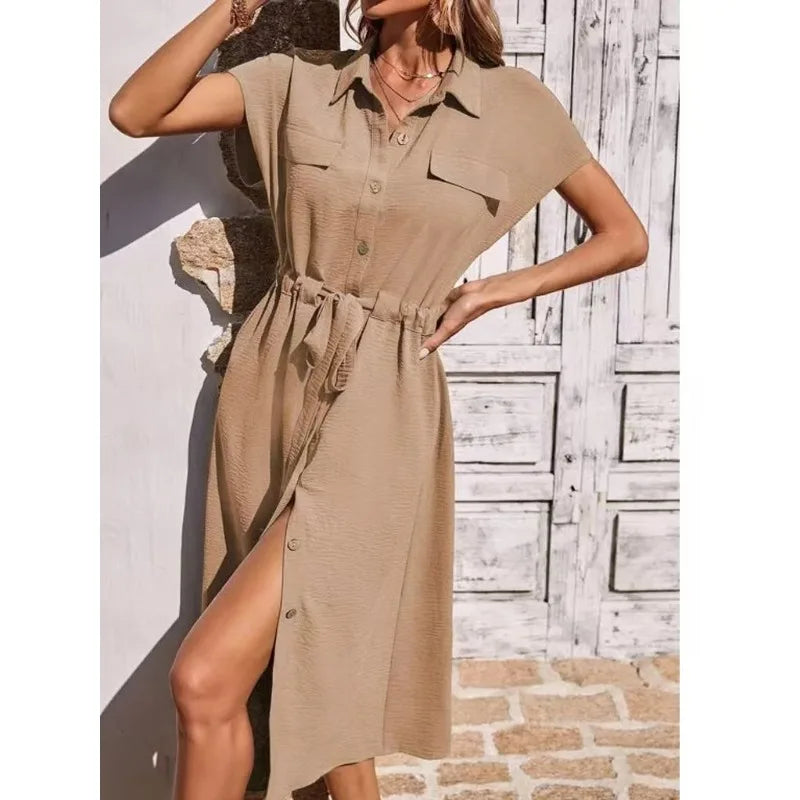 Summer Shirt Collar Waist Skirt