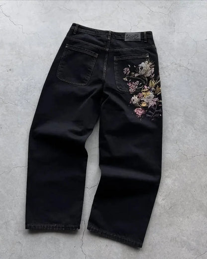 Vintage Low Waist Hip Hop Cherry Blossom Embroidered Jeans  Wide Leg Trousers Y2K Clothes Mens Womes Embroidered Baggy Jeans