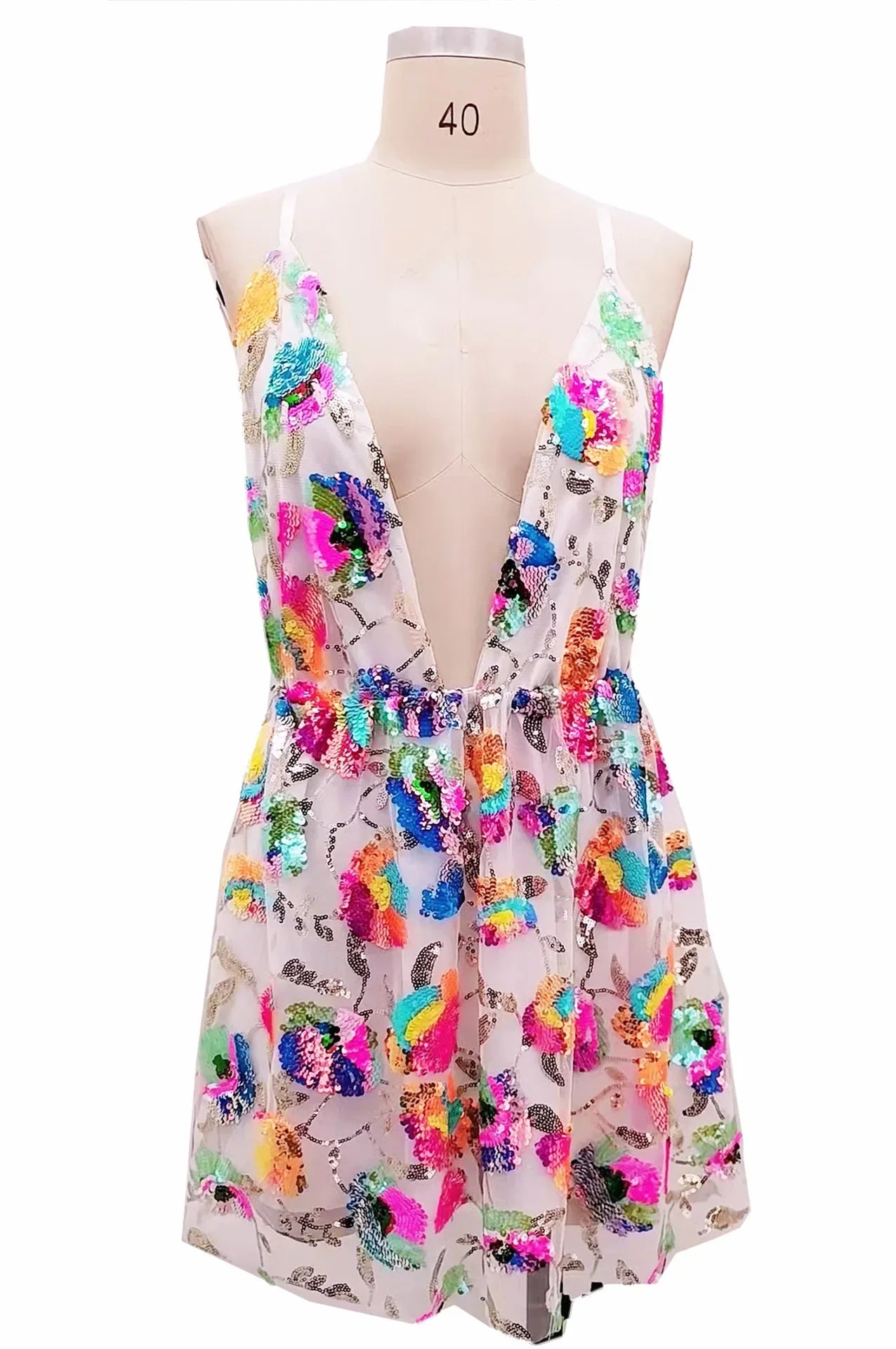 Sexy Deep V Backless Sequin Floral Tie Women Short Dress Sexy Sequin Floral Suspender Nightclub Dresses Beach Vaction Clothes