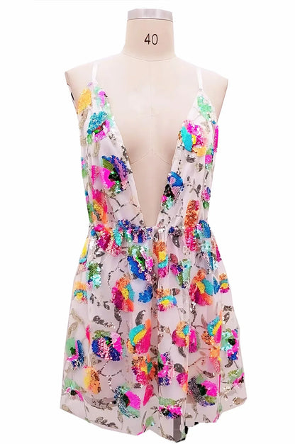 Sexy Deep V Backless Sequin Floral Tie Women Short Dress Sexy Sequin Floral Suspender Nightclub Dresses Beach Vaction Clothes