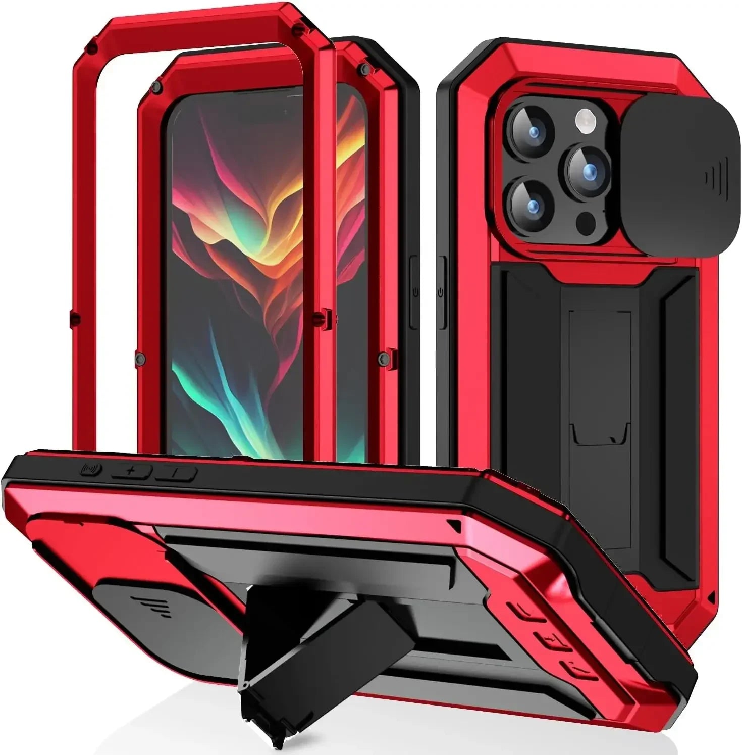 Heavy Duty Rugged Metal Case for iPhone, Case for iPhone 17 16 15 14, 13 Pro Max, Screw Military Shockproof Cover with Screen Ca Red