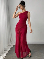 Women's One-Shoulder Ruched Burgundy Maxi Dress for Evening Party