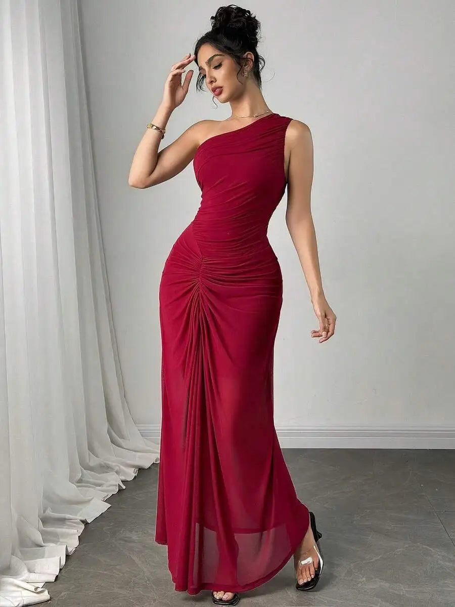 Women's One-Shoulder Ruched Burgundy Maxi Dress for Evening Party