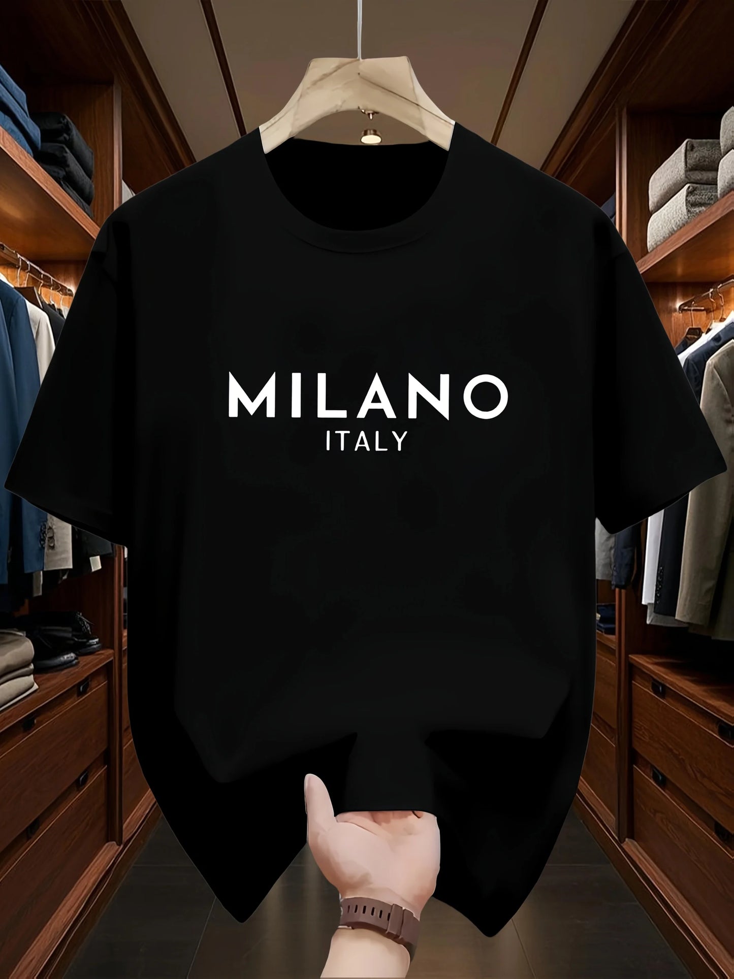 Men's 100% pure cotton fashionable casual loose Italian style Milan letter printed round neck short sleeved T-shirt top A1689-hei