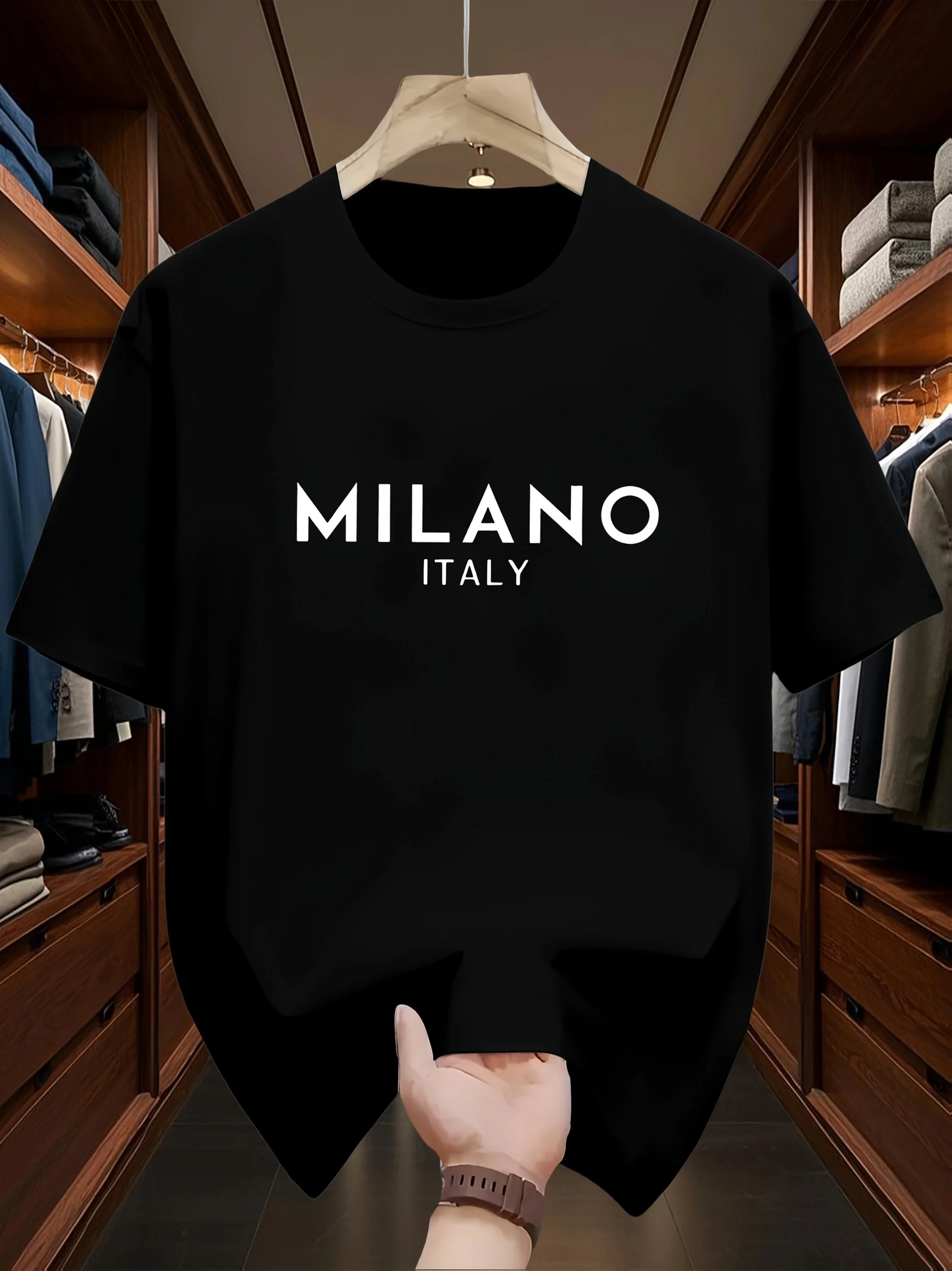 Men's 100% pure cotton fashionable casual loose Italian style Milan letter printed round neck short sleeved T-shirt top A1689-hei