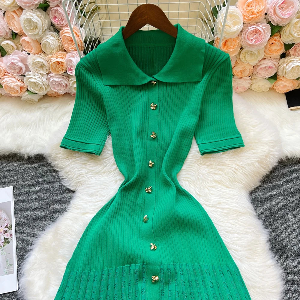 YuooMuoo Brand Fashion Vintage Turn-down Collar Knit Maxi Dress Elegant Single-breasted A-line Long Shirt Dress Lady Vestidos