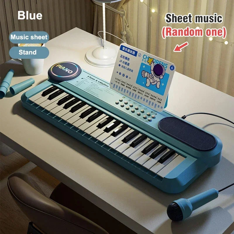Kids Electric Piano 37 Baby Keyboard with Microphone Singing Songs Development Educational Toy Musical Instrument Games Children Blue