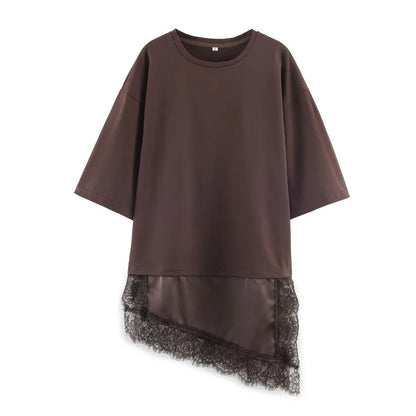 Fashion Elegant Lace Patchwork T-shirt Short Sleeve Solid Color Loose Tops Casual O-Neck Female Top Summer Brown