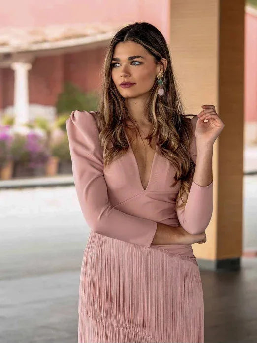 Autumn Long Sleeve Spliced Tassel Party Dresses Woman Elegant Deep V Neck Sheath Long Dress Fashion Deep V Neck Holiday Dress