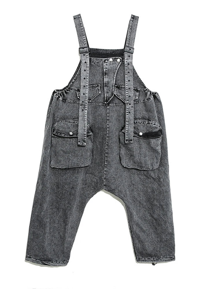 CHICEVER Casual Denim Jumpsuits For Women Overalls Square Collar Sleeveless Designer Black Full Length Pant Female 2024 Clothing