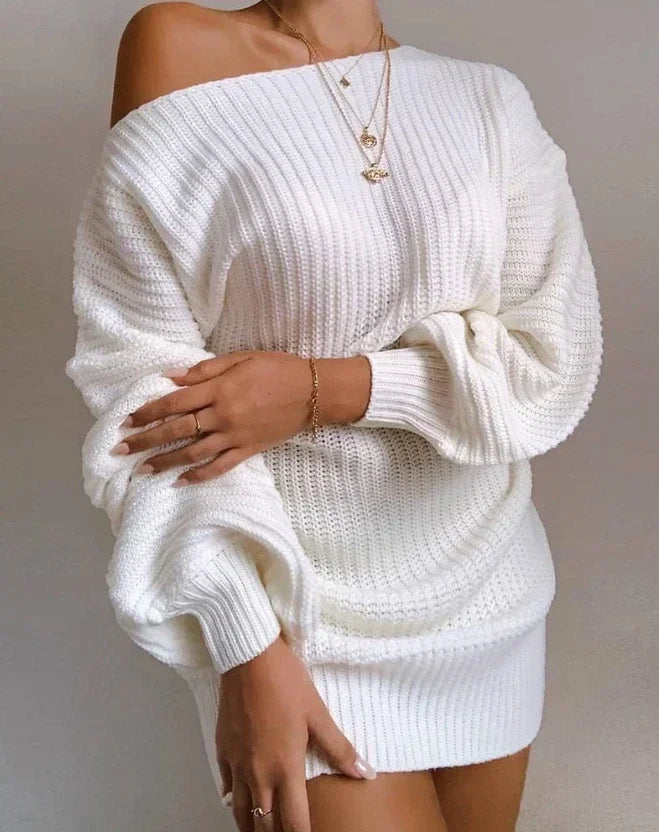 Cold Shoulder Knit Sweater Dress WHITE