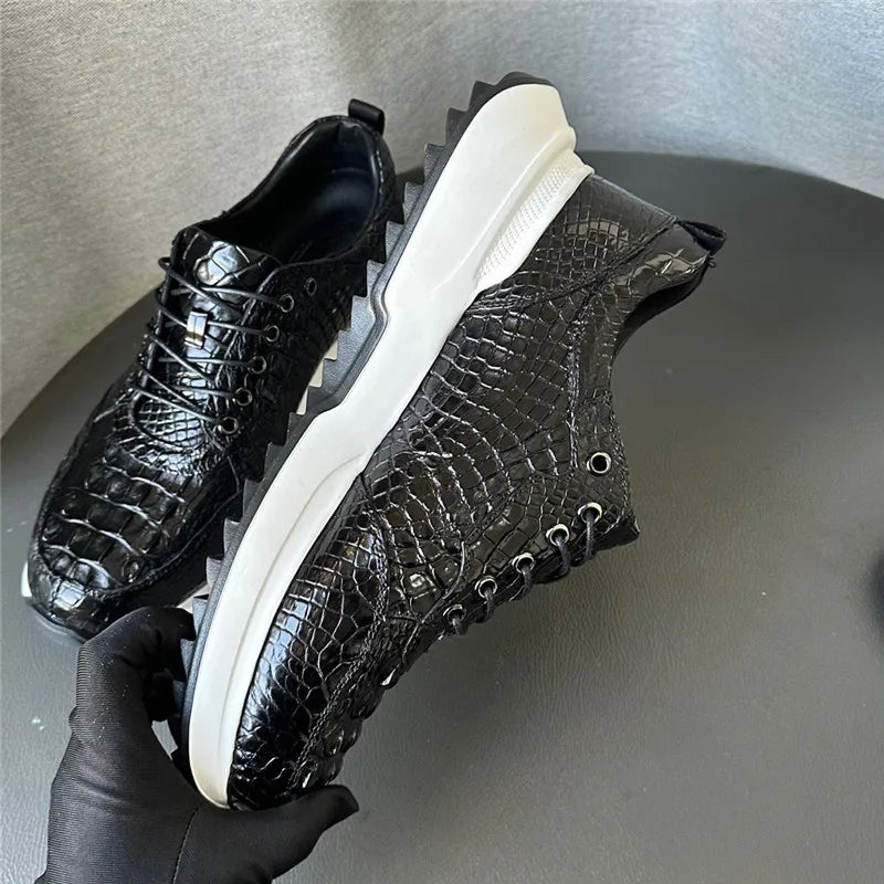 Authentic Real Crocodile Skin Classic Black White Men Soft Sneakers Genuine Exotic Alligator Leather Male Lace-up Walking Flats