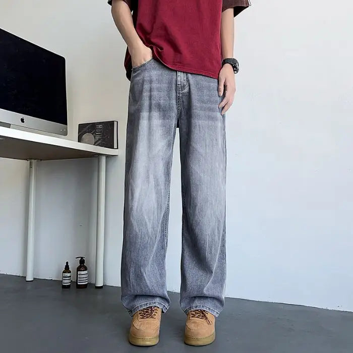 Men's Korean Streetwear Baggy Jeans — Wide Leg, Low Waist, Light Wash Blue-gray