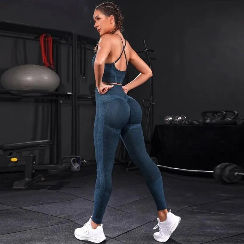 2 Pieces Women's Tracksuit Seamless Yoga Set Workout Sportswear Gym Clothing High Waist Leggings Fitness Sports Suits Blue M