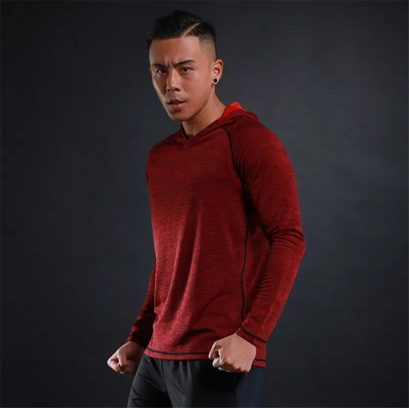 Sport Bodybuilding Sweatshirt Running Jacket Men Hoodies Gym Training Fitness Compression Jersey Long Sleeved T-Shirts Fast Dry Red