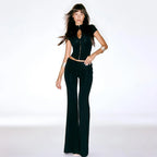 Ahagaga Sexy Women's Sets Short Sleeves Hollow Out Skinny Zipper Basic 2Pcs (Tops+Long Pants) High Street Turtleneck Reacksuits